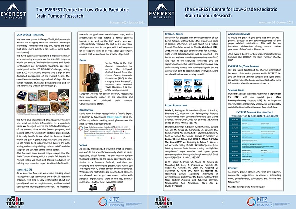 The EVEREST Centre for Low-Grade Paediatric Brain Tumour Research, Everest Newsletter Summer2021