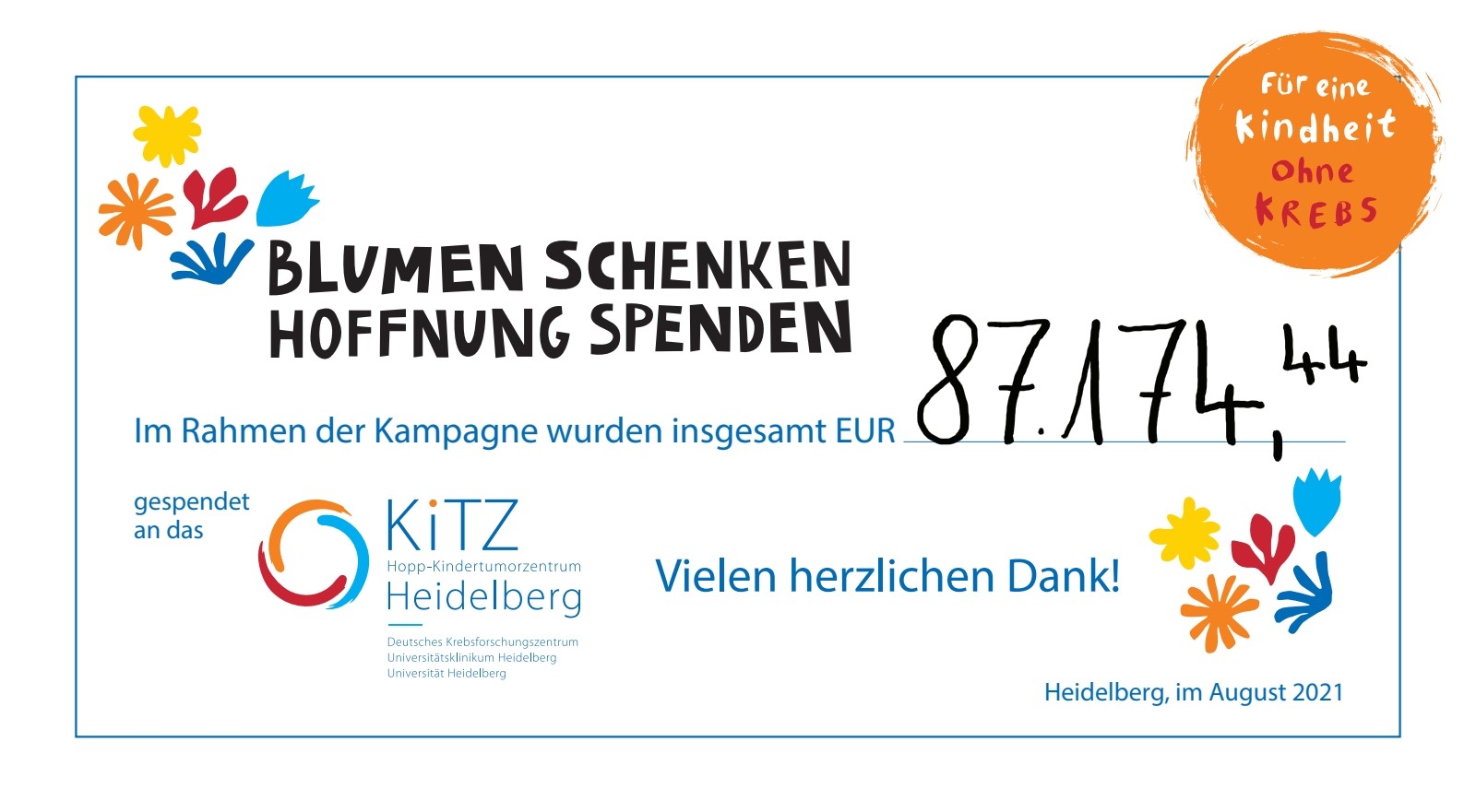 Spendenscheck über mehr als 81.000 Euro für die BSHS 2021 Kampagne.